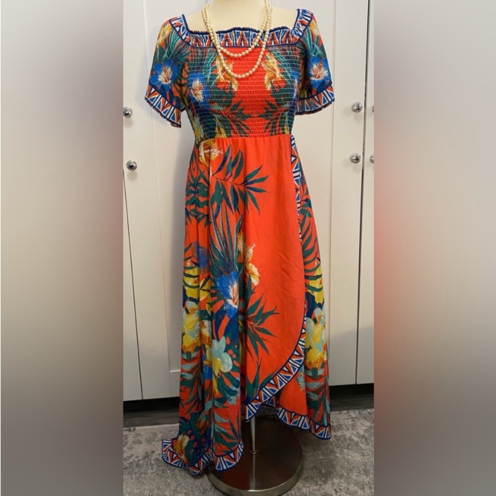 Jealous Tomato MED Tropical Floral Print  Wrap Maxi Dress W/Asymmetric Bottom